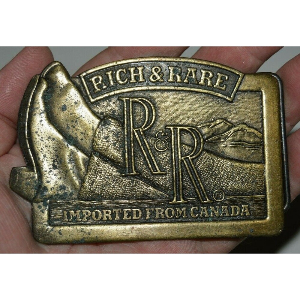 Vintage RICH & RARE Canadian WHISKEY Liquor Brass Tone Large Belt Buckle RARE